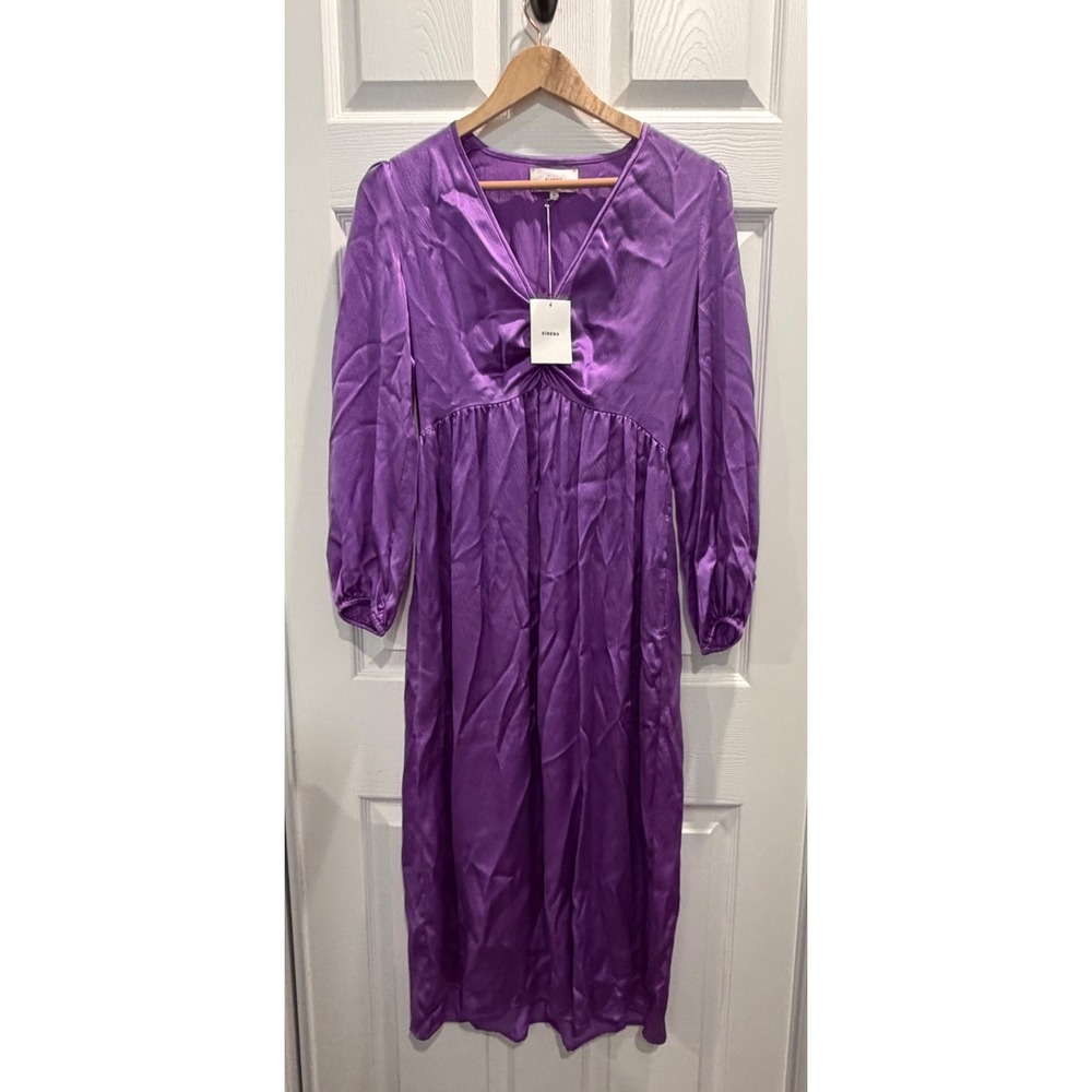 Xirena Eloise Purple Hammered Satin V-Neck Midi Dress XS NEW Boho Long Sleeve